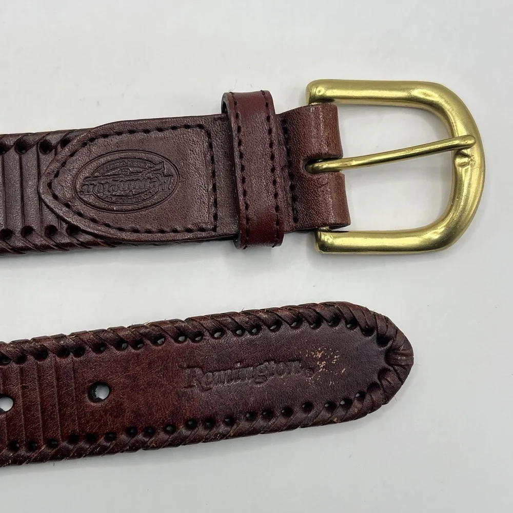 Remington Ribbed Italian Leather‎ Brass Buckle Belt Sz 32 Brown Whipstich Detail